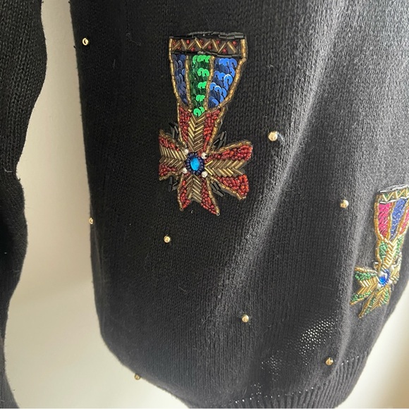 Vintage 1990s Celina Yang Black Sweater w Sequin Epaulets SP Petite Small Pearls - Picture 7 of 11